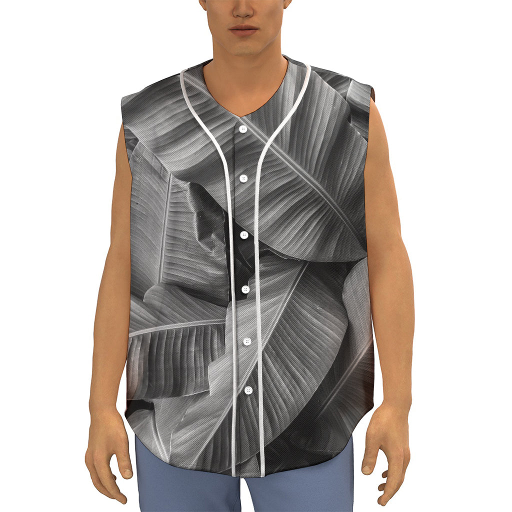 Black And White Banana Leaf Print Sleeveless Baseball Jersey