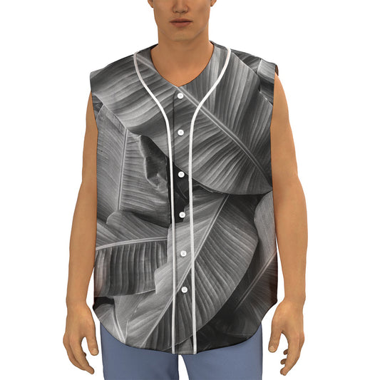 Black And White Banana Leaf Print Sleeveless Baseball Jersey