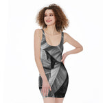 Black And White Banana Leaf Print Sleeveless Bodycon Dress