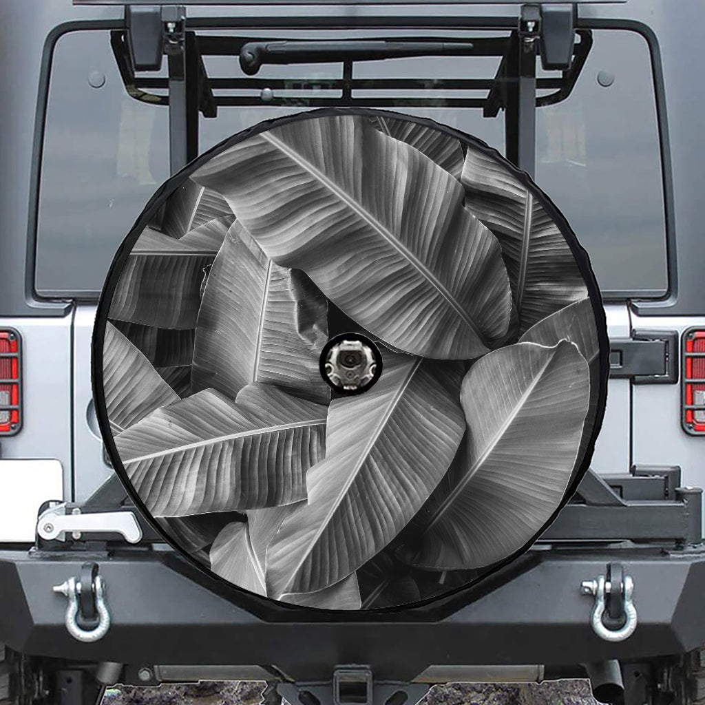 Black And White Banana Leaf Print Tire Cover With Camera Hole