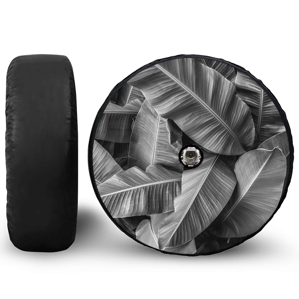 Black And White Banana Leaf Print Tire Cover With Camera Hole