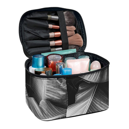 Black And White Banana Leaf Print Travel Makeup Bag