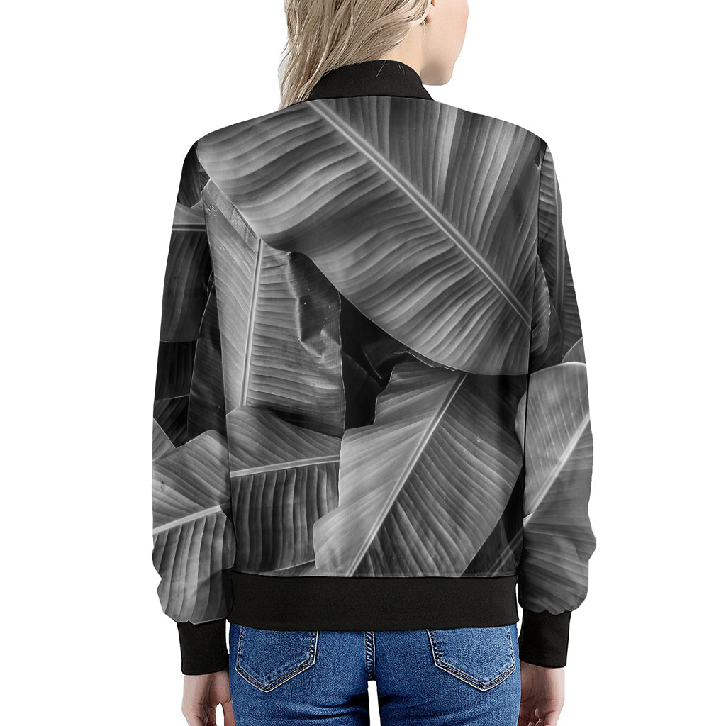 Black And White Banana Leaf Print Women's Bomber Jacket