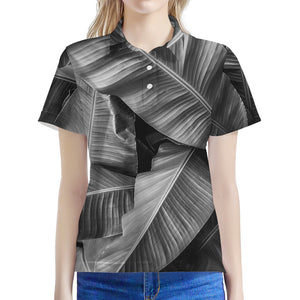 Black And White Banana Leaf Print Women's Polo Shirt