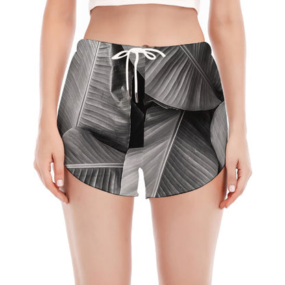 Black And White Banana Leaf Print Women's Split Running Shorts