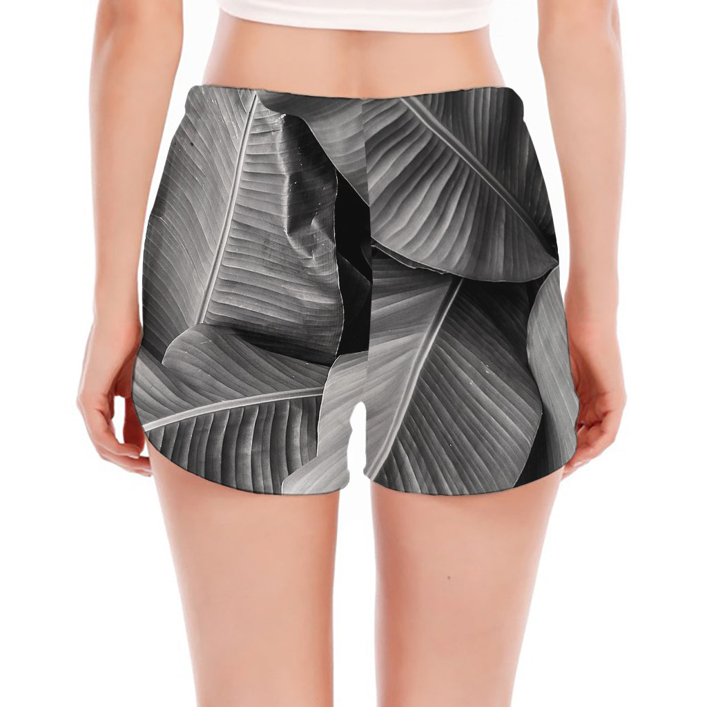 Black And White Banana Leaf Print Women's Split Running Shorts