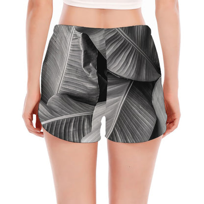 Black And White Banana Leaf Print Women's Split Running Shorts