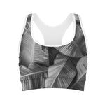 Black And White Banana Leaf Print Women's Sports Bra