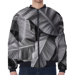 Black And White Banana Leaf Print Zip Sleeve Bomber Jacket