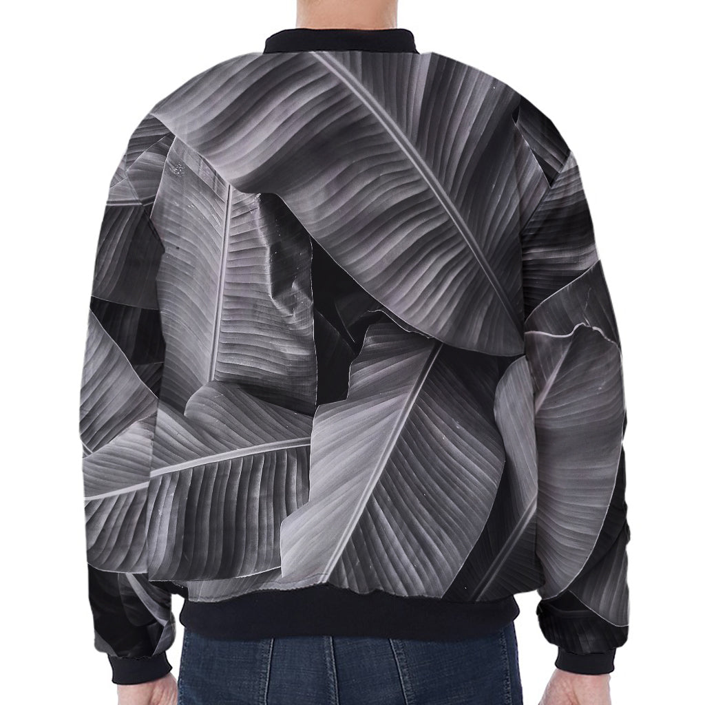 Black And White Banana Leaf Print Zip Sleeve Bomber Jacket