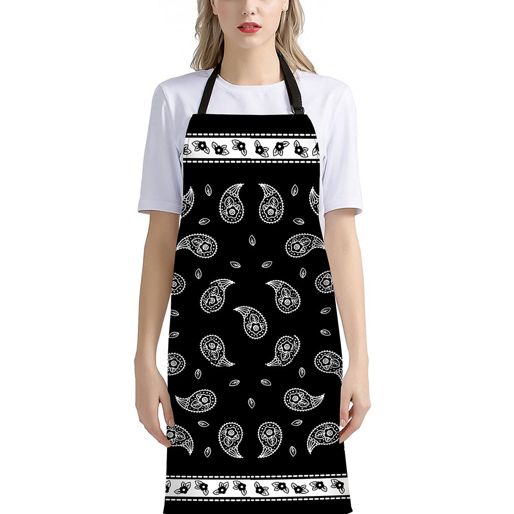 Black And White Bandana Print Bib Apron With Pocket