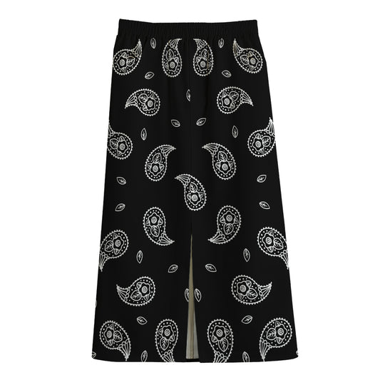 Black And White Bandana Print Cotton Front Slit Maxi Skirt