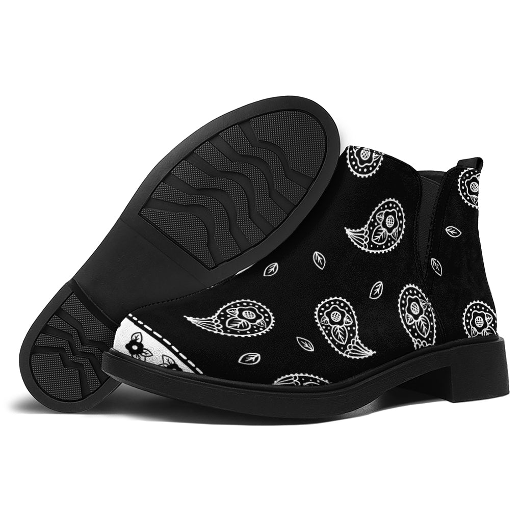 Black And White Bandana Print Flat Ankle Boots
