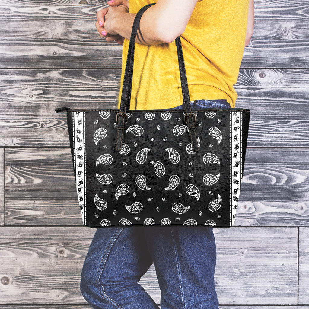Black And White Bandana Print Leather Tote Bag