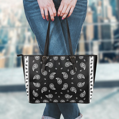 Black And White Bandana Print Leather Tote Bag