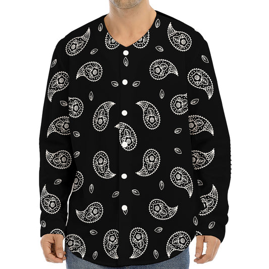 Black And White Bandana Print Long Sleeve Baseball Jersey