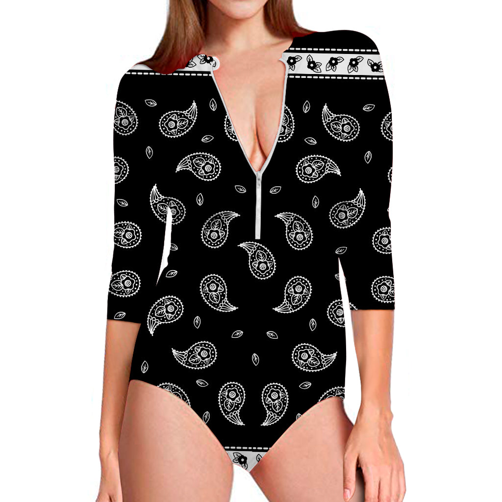 Black And White Bandana Print Long Sleeve Swimsuit