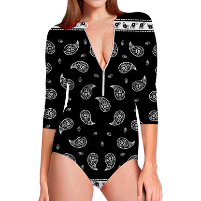 Black And White Bandana Print Long Sleeve Swimsuit