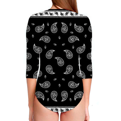Black And White Bandana Print Long Sleeve Swimsuit