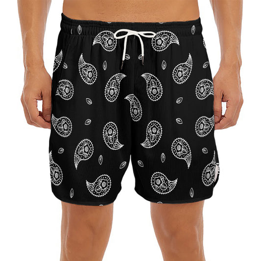 Black And White Bandana Print Men's Split Running Shorts