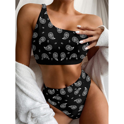 Black And White Bandana Print One Shoulder Bikini Top