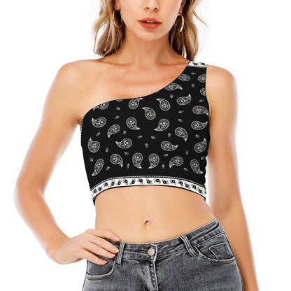 Black And White Bandana Print One Shoulder Crop Top
