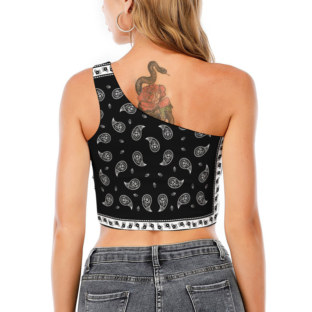 Black And White Bandana Print One Shoulder Crop Top