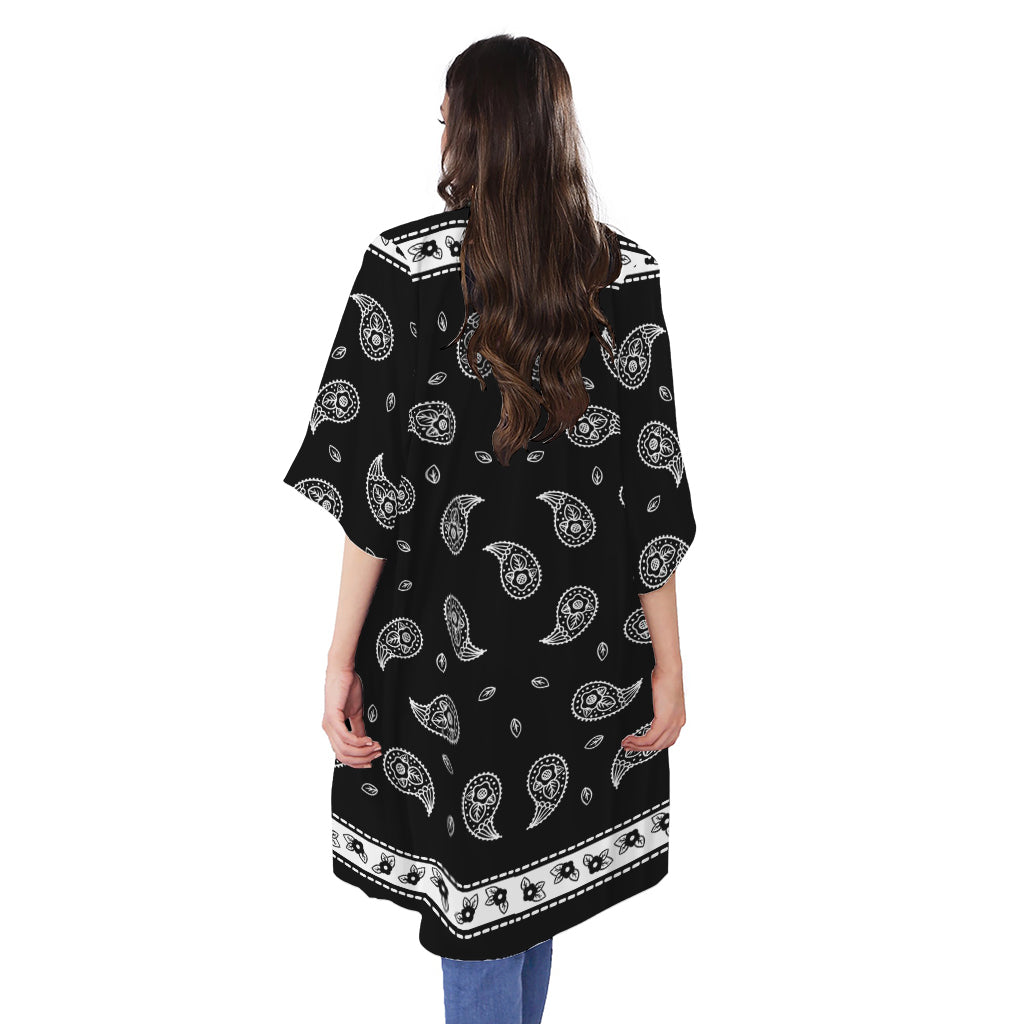 Black And White Bandana Print Open Front Beach Cover Up