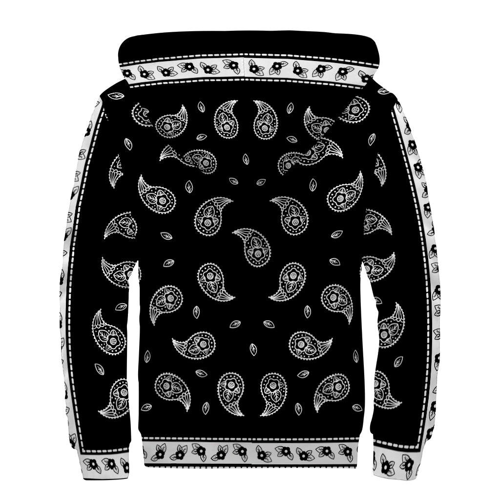Black And White Bandana Print Sherpa Lined Zip Up Hoodie