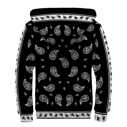Black And White Bandana Print Sherpa Lined Zip Up Hoodie