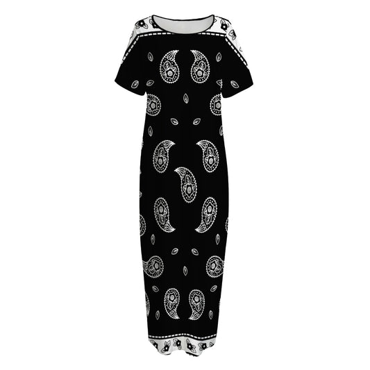 Black And White Bandana Print Short Sleeve Long Nightdress