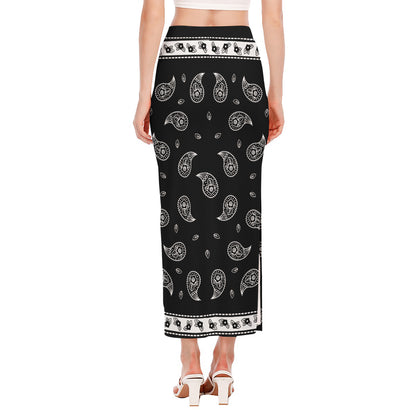 Black And White Bandana Print Side Slit Maxi Skirt
