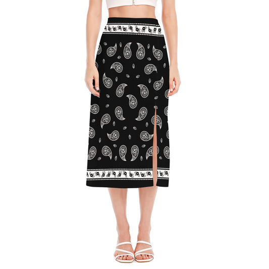 Black And White Bandana Print Side Slit Midi Skirt