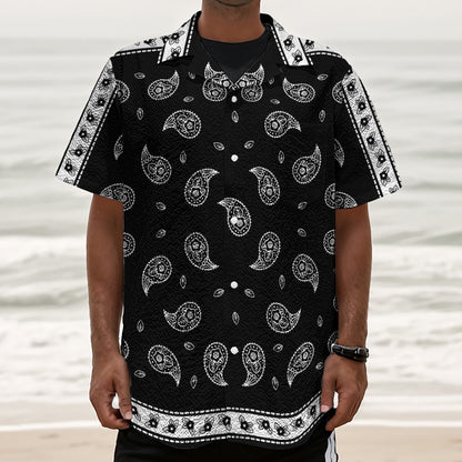 Black And White Bandana Print Textured Short Sleeve Shirt
