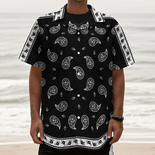 Black And White Bandana Print Textured Short Sleeve Shirt