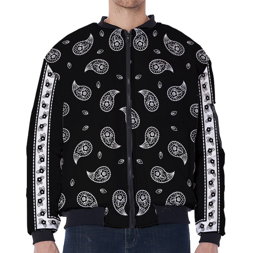 Black And White Bandana Print Zip Sleeve Bomber Jacket
