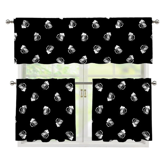Black And White Beer Pattern Print 3 Piece Kitchen Curtains