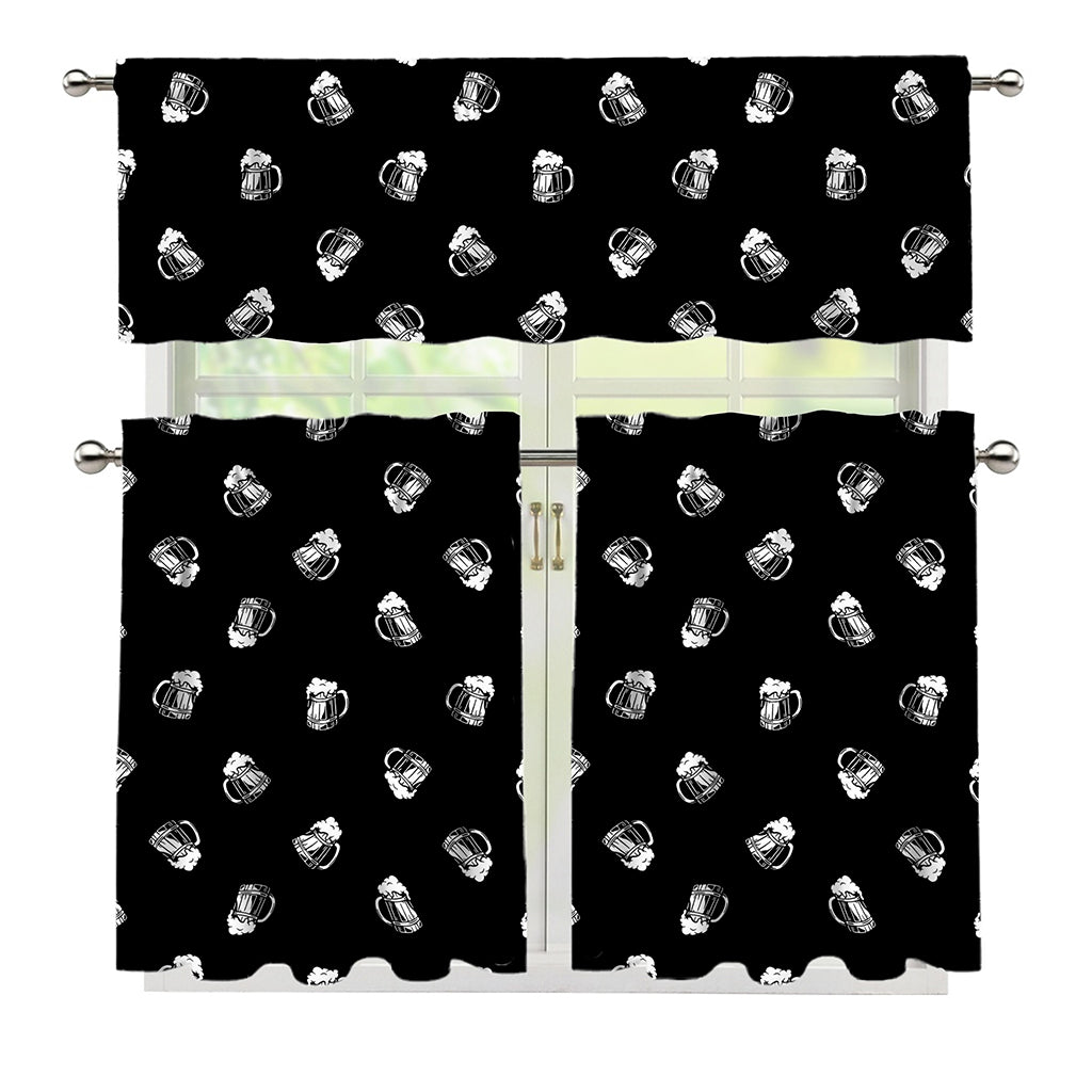 Black And White Beer Pattern Print 3 Piece Kitchen Curtains