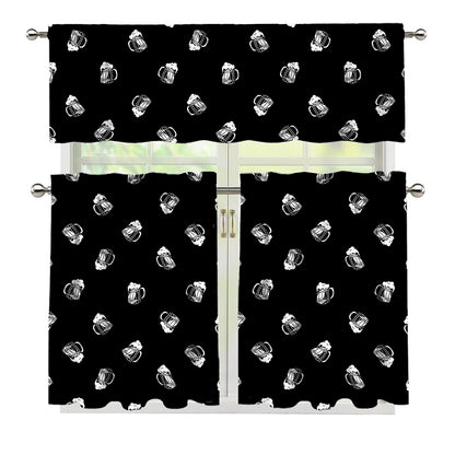 Black And White Beer Pattern Print 3 Piece Kitchen Curtains