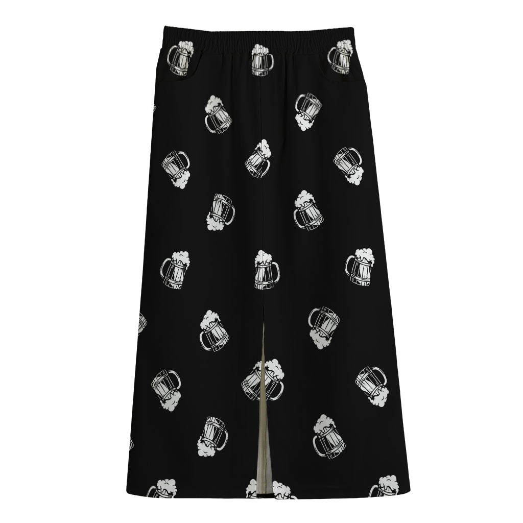 Black And White Beer Pattern Print Cotton Front Slit Maxi Skirt