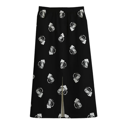Black And White Beer Pattern Print Cotton Front Slit Maxi Skirt
