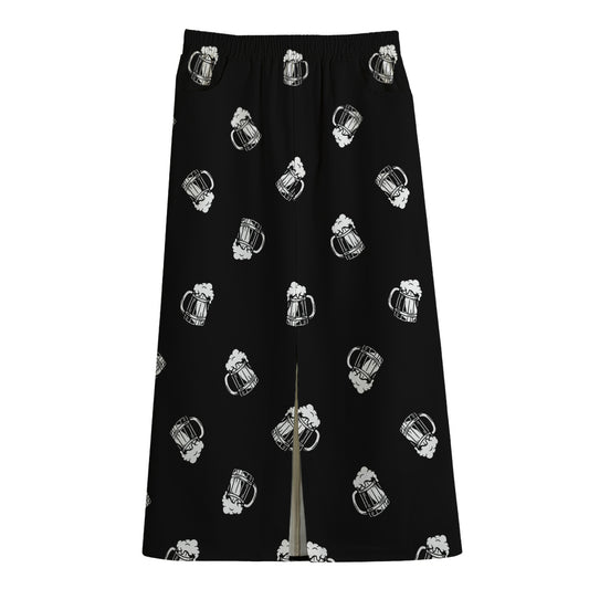 Black And White Beer Pattern Print Cotton Front Slit Maxi Skirt