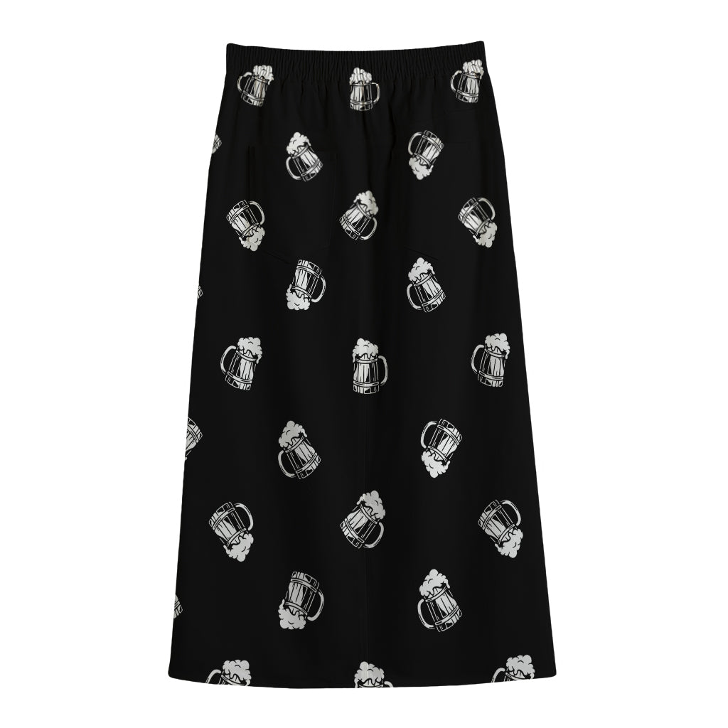 Black And White Beer Pattern Print Cotton Front Slit Maxi Skirt