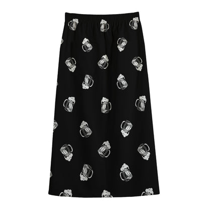 Black And White Beer Pattern Print Cotton Front Slit Maxi Skirt
