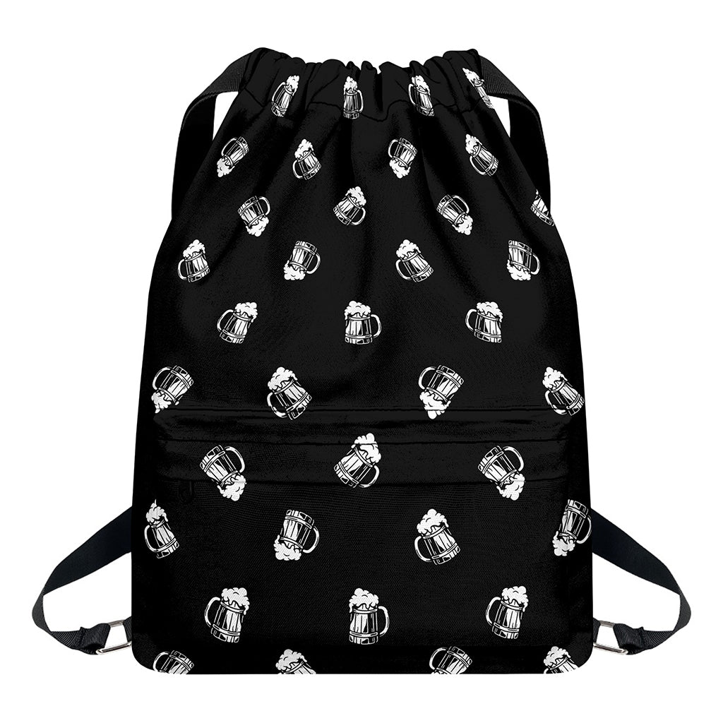Black And White Beer Pattern Print Drawstring Backpack