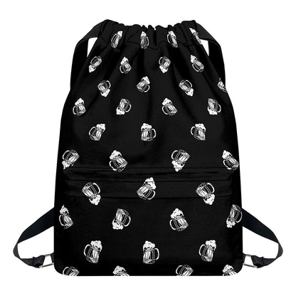 Black And White Beer Pattern Print Drawstring Backpack