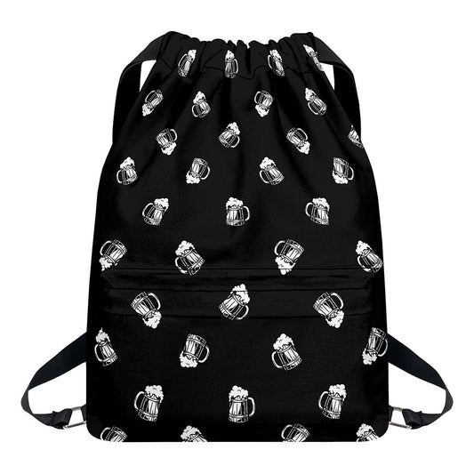 Black And White Beer Pattern Print Drawstring Backpack