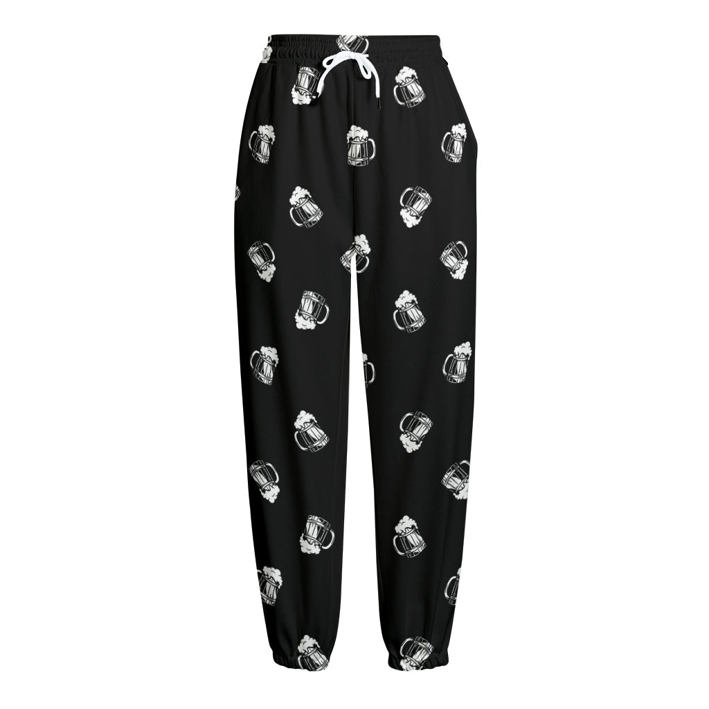 Black And White Beer Pattern Print Fleece Lined Knit Pants