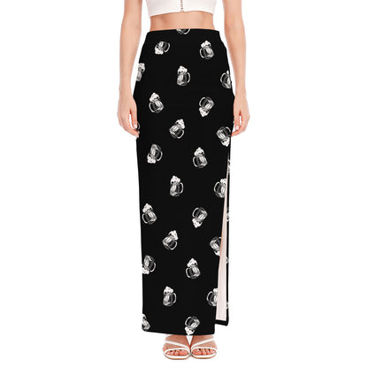 Black And White Beer Pattern Print High Slit Maxi Skirt