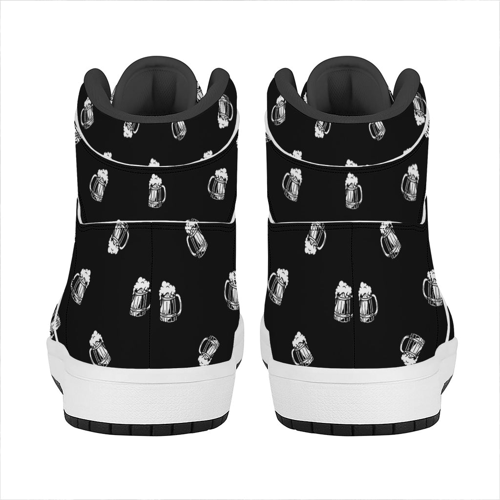 Black And White Beer Pattern Print High Top Leather Sneakers